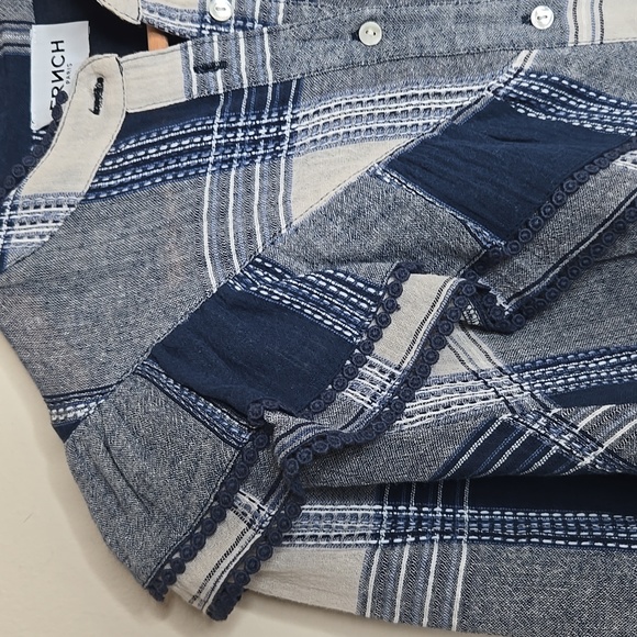FRNCH Paris Blue Gray Plaid Ruffle Button Down Top 100% Cotton Size L - Picture 7 of 12